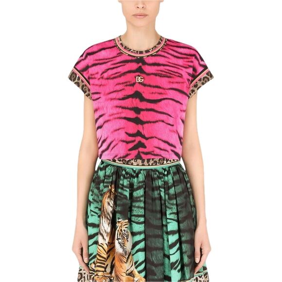 NWT Dolce & Gabbana leopard trim zebra print T-shirt Pink IT 44 L - Picture 1 of 5